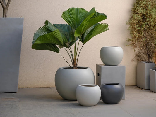 Indoor/Outdoor Large Nordic Minimalist Fiberstone Lightweight Round Curve Balloon Ball Tapered Decor Planter Pot - 16, 10 in Matte Finish