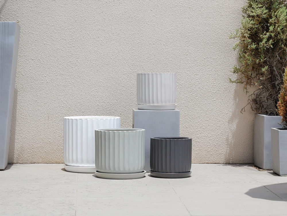 Indoor/Outdoor Large Nordic Minimalist Fiberstone Lightweight Round Planter Pot w/ Saucer - 16, 13, 11 inch Matte Finish - Suitable for Palm